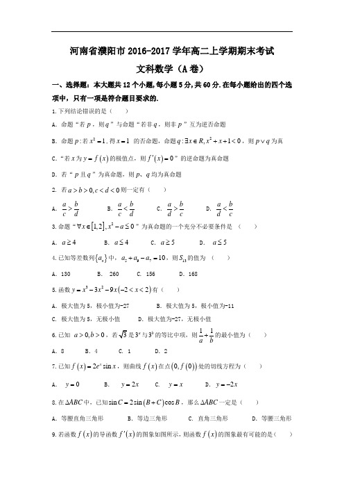 河南省濮阳市高二上学期期末考试数学(文)试题(a卷) Wo