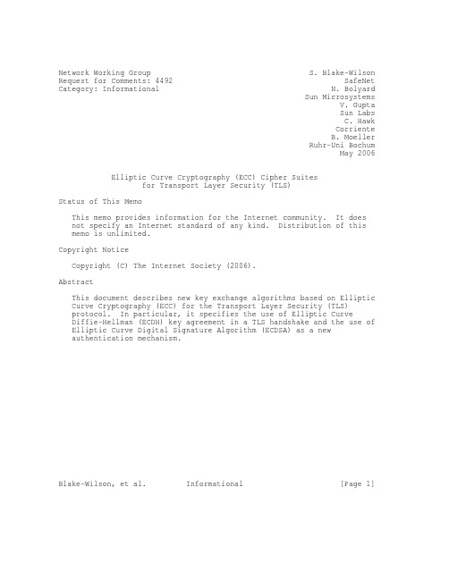 rfc4492.Elliptic Curve Cryptography (ECC) Cipher Suites for Transport Layer Security (TLS)