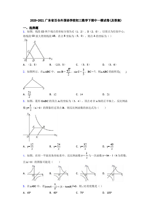 2020-2021广东省百合外国语学校初三数学下期中一模试卷(及答案)