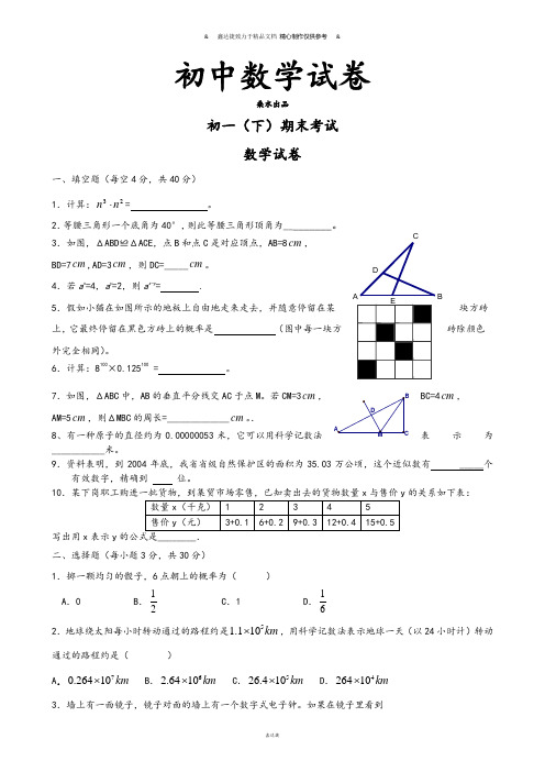 北师大版数学七年级下初一期末考试.doc