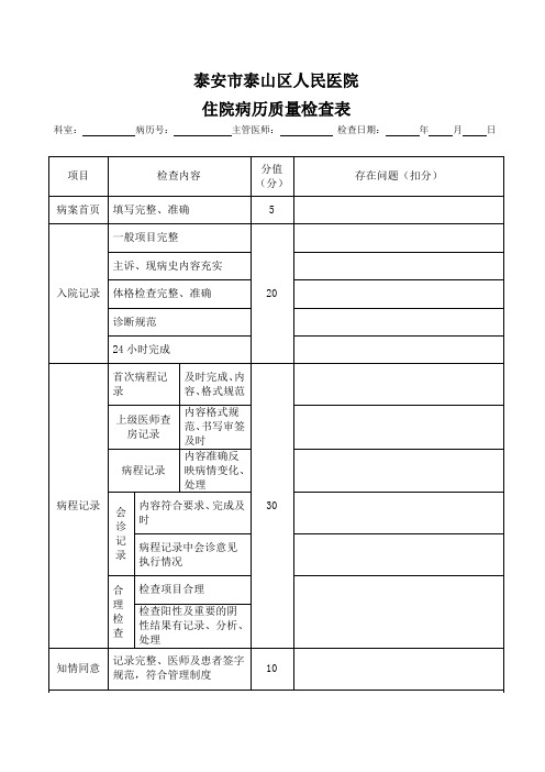 住院病历质量检查表