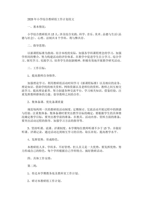 最新2020年小学综合教研组工作计划范文