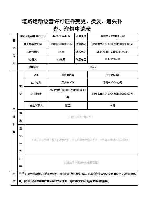 道路运输经营许可证件变更、换发、遗失补办、注销申请表