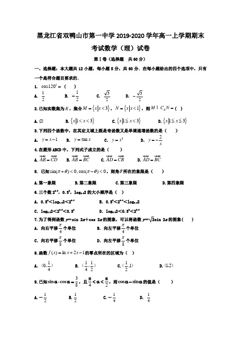 黑龙江省双鸭山市第一中学高一上学期期末考试数学(理)试卷
