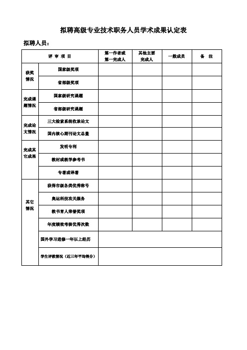 拟聘高级专业技术职务人员学术成果认定表