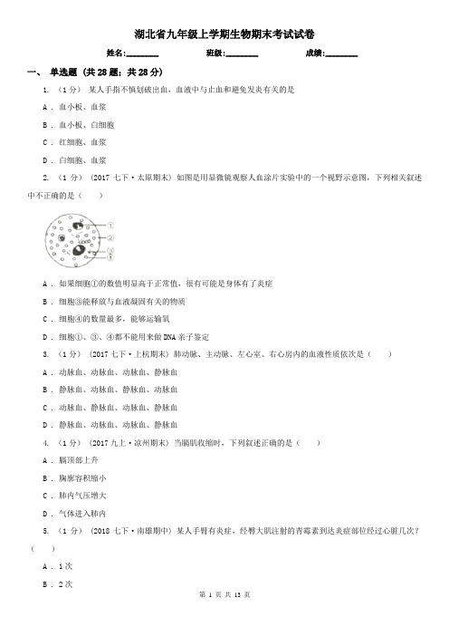 湖北省九年级上学期生物期末考试试卷