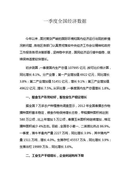 一季度全国经济数据(报摘)