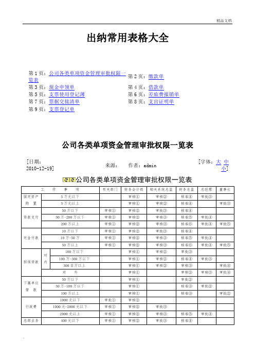 出纳常用表格大全