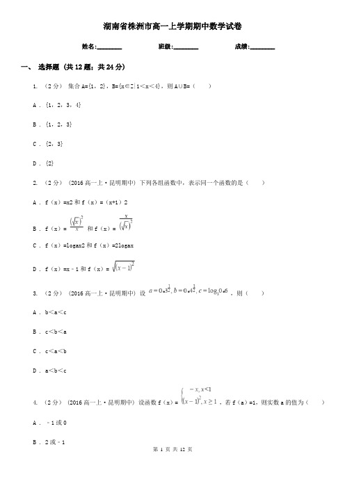 湖南省株洲市高一上学期期中数学试卷