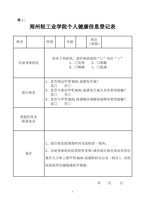 郑州轻工业学院个人健康信息登记表