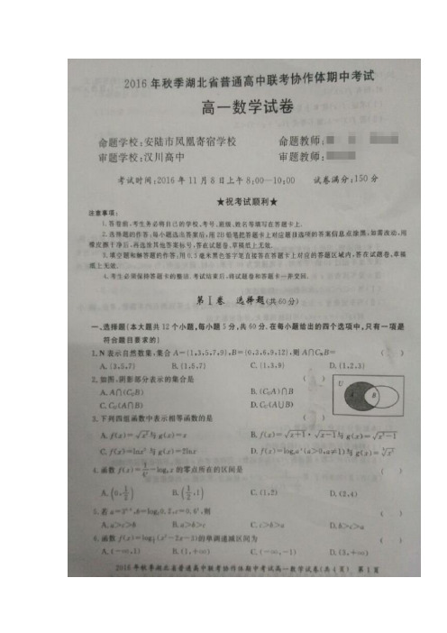 湖北省普通高中联考协作体16—17学年上学期高一期中考试数学试题(扫描版)(附答案)