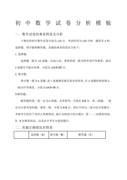 初中数学试卷分析模板