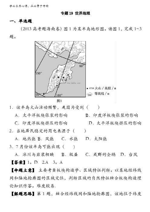 2013年高考真题地理学科分类汇编 19世界地理含答案
