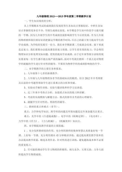 九年级物理下学期教学计划