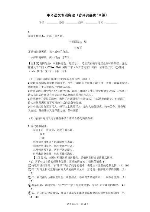 中考语文专项突破(古诗词鉴赏10篇)(含答案解释)