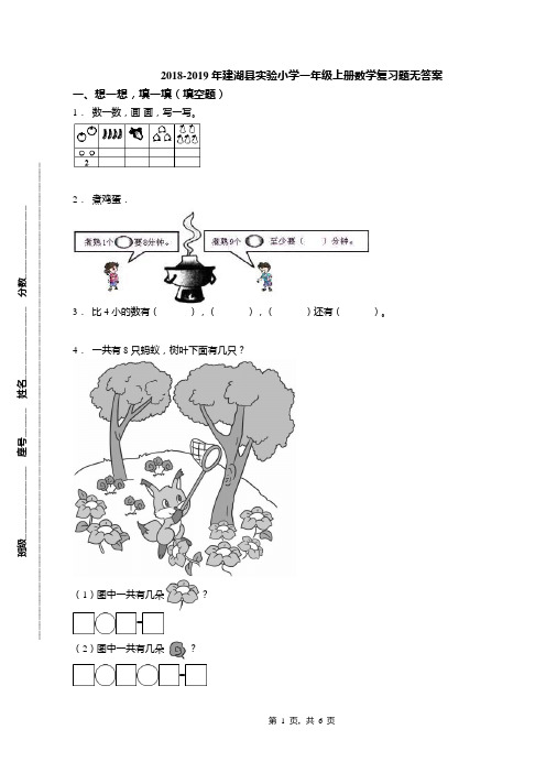 2018-2019年建湖县实验小学一年级上册数学复习题无答案