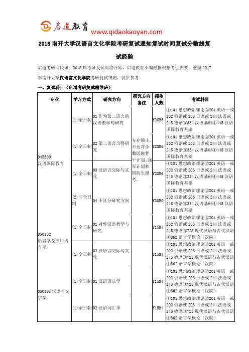 2018南开大学汉语言文化学院复试通知复试时间复试分数线复试经验