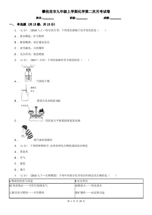 攀枝花市九年级上学期化学第二次月考试卷