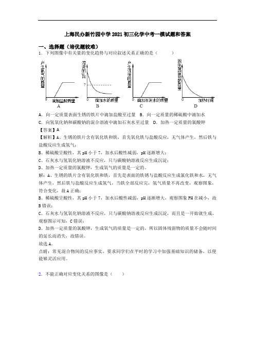 上海民办新竹园中学2021初三化学中考一模试题和答案