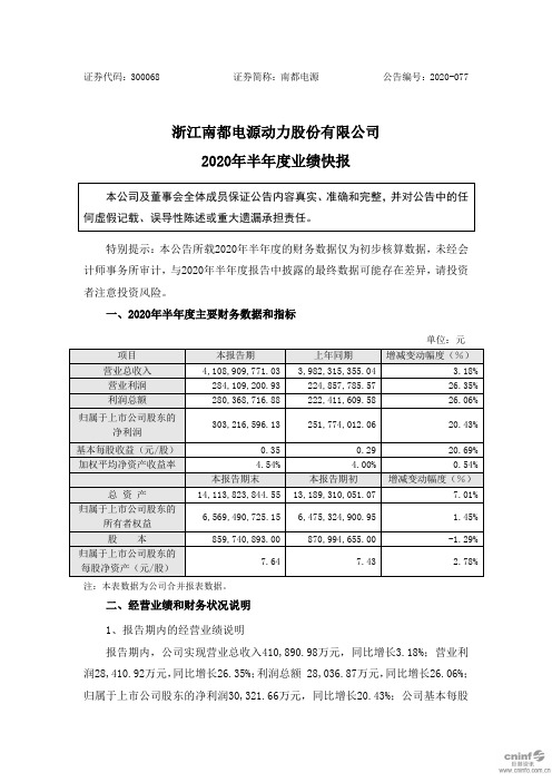 南都电源：2020年半年度业绩快报