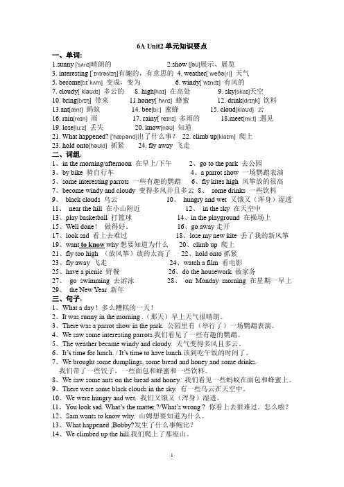 新译林版英语六年级上册6上Unit2单元知识要点