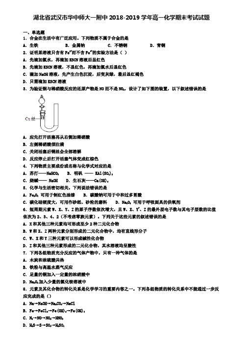 湖北省武汉市华中师大一附中2018-2019学年高一化学期末考试试题