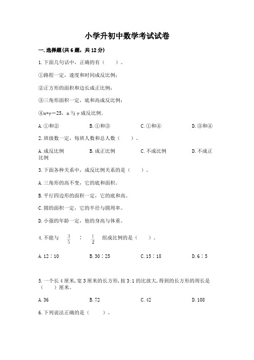 小学升初中数学考试试卷及参考答案【完整版】