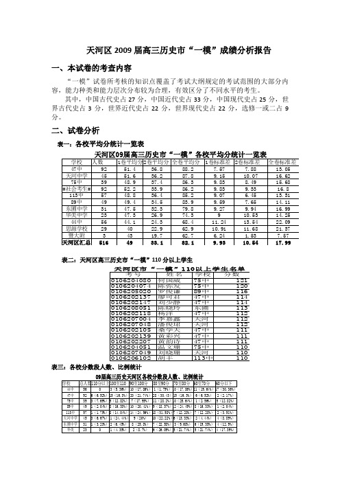 天河区2009届高三历史市“一模”成绩分析报告