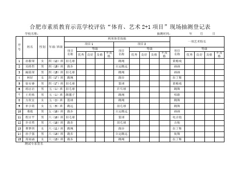 合肥市素质教育示范学校评估“体育、艺术2+1项目”现场抽测登记表