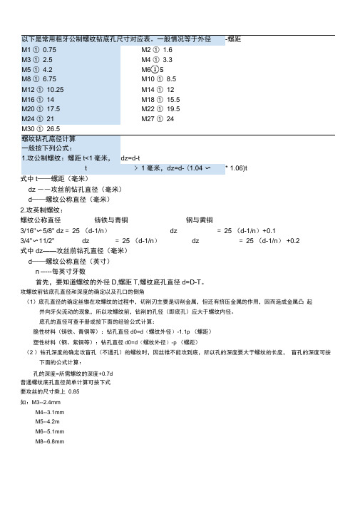 攻螺纹前钻底孔直径及底径