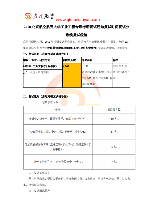 2018北京航空航天大学工业工程专硕考研复试通知复试时间复试分数线复试经验
