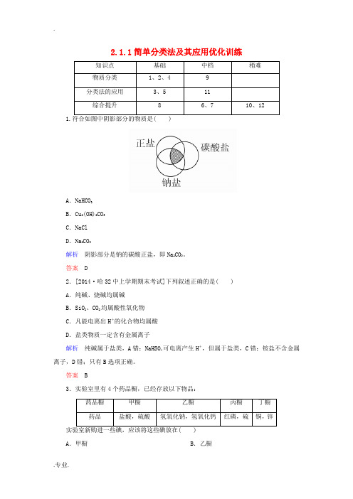 高中化学 2.1.1简单分类法及其应用优化训练 新人教版必修1-新人教版高一必修1化学试题