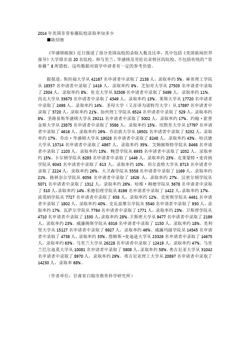 2014年美国非常春藤院校录取率知多少