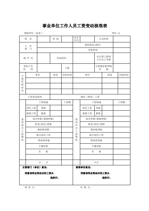事业单位调动(转岗)工资变动核准表