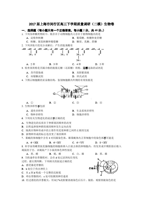 2017届上海市闵行区高三下学期质量调研(二模)生物卷