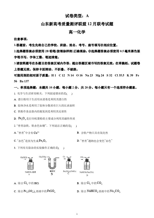 山东省新高考质量测评联盟2020-2021学年高一上学期12月联考化学试卷 含答案