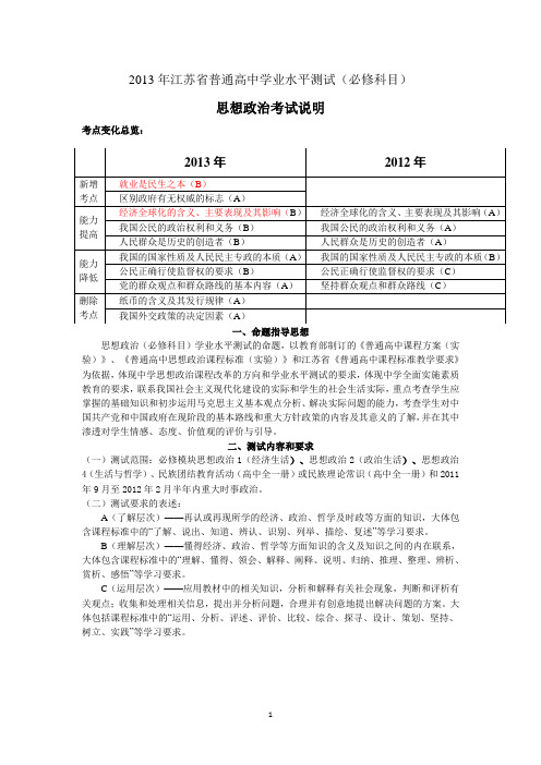 2012-2014(近3年)江苏省学业水平测试(小高考)思想政治政治(必修)考试说明