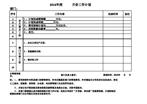 2016年  月份工作计划