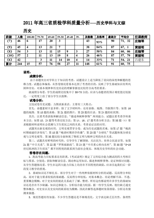 2011年高三省质检学科质量分析——历史学科与文综