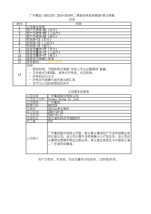 广宇集团(002133)2015-2019年二季度财务报表数据-原点参数