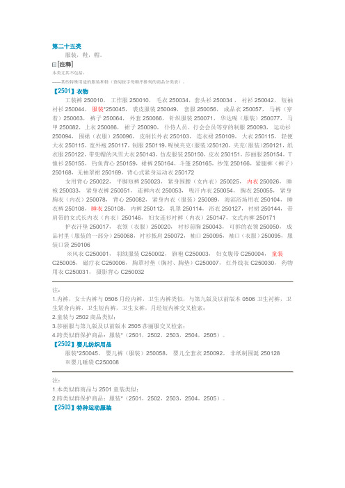 第25类商标类目详细列表