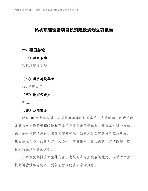 钻机顶驱设备项目投资建设规划立项报告