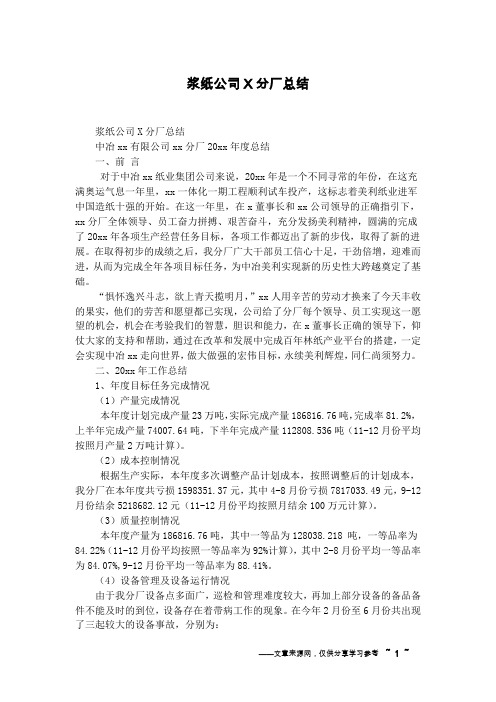 浆纸公司X分厂总结