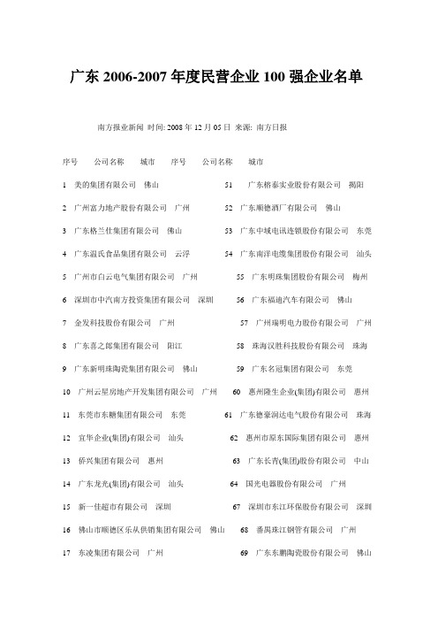 2011年广东2006-2007年度民营企业100强企业名单