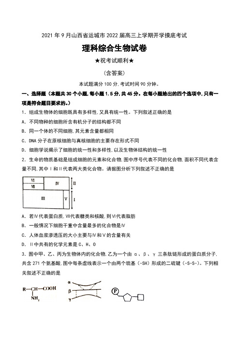 2021年9月山西省运城市普通高中2022届高三上学期开学摸底考试理科综合生物试卷及答案
