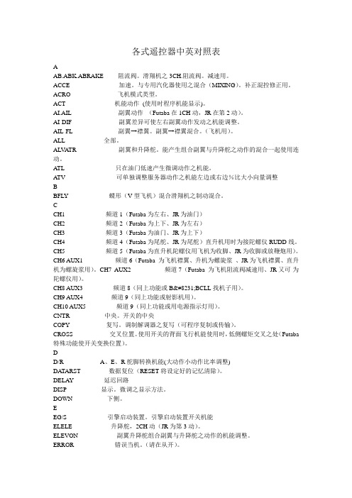 各式遥控器中英对照表