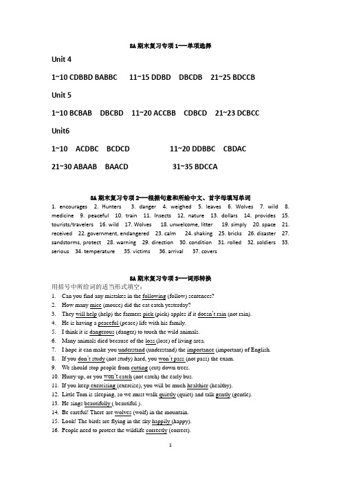 8A期末复习各专项练习参考答案