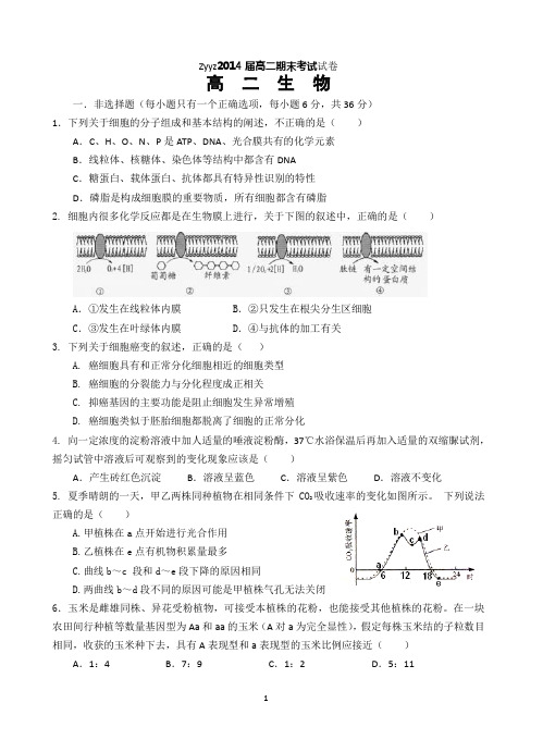 Zyyz2014届高二期末考试试卷