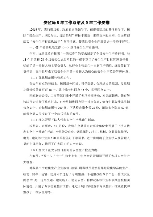 最新-安监局8年工作总结及9年工作安排 精品