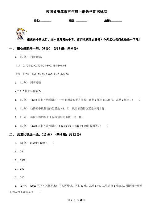 云南省玉溪市五年级上册数学期末试卷